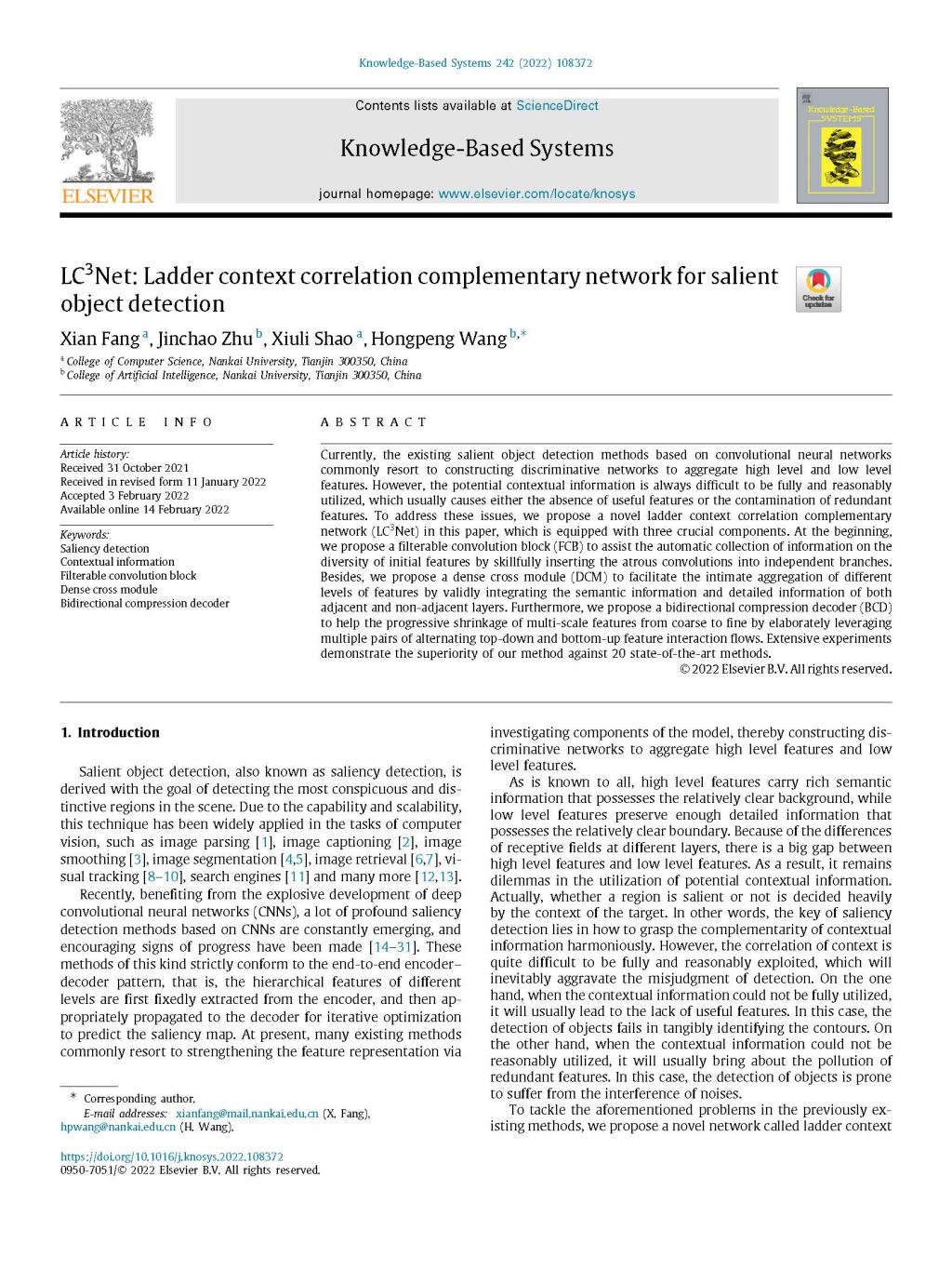 王鸿鹏课题组在Knowledge-Based Systems(SCI 1区)期刊发表论文"LC3Net: Ladder context correlation complementary network for salient object detection"