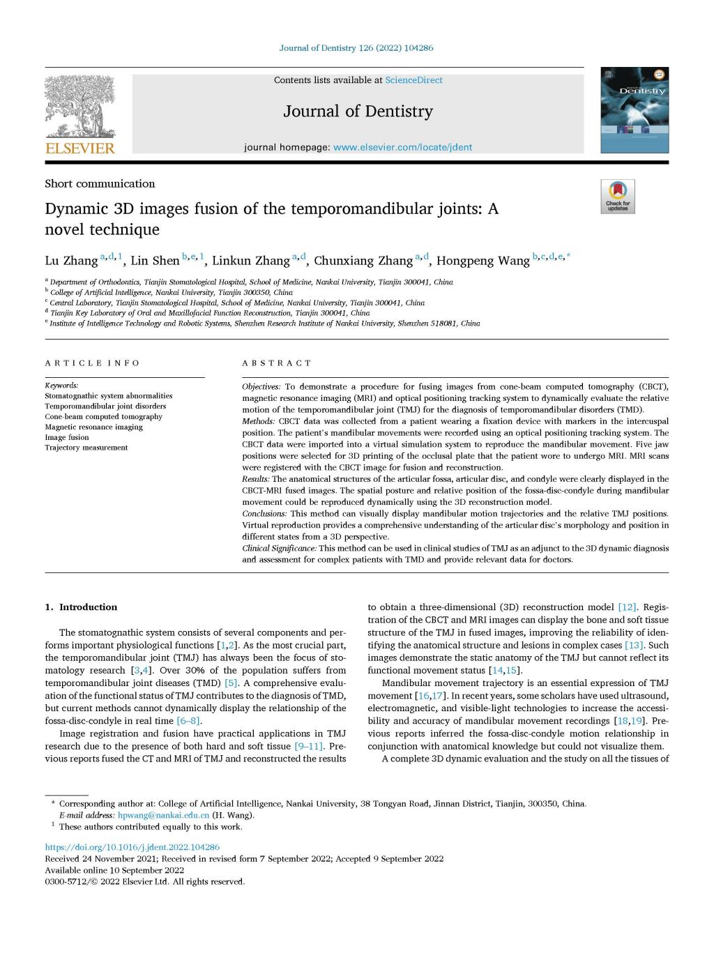王鸿鹏课题组在Journal of Dentistry(SCI 1区)期刊发表论文"Dynamic 3D Images Fusion of the Temporomandibular Joints: A Novel Technique"